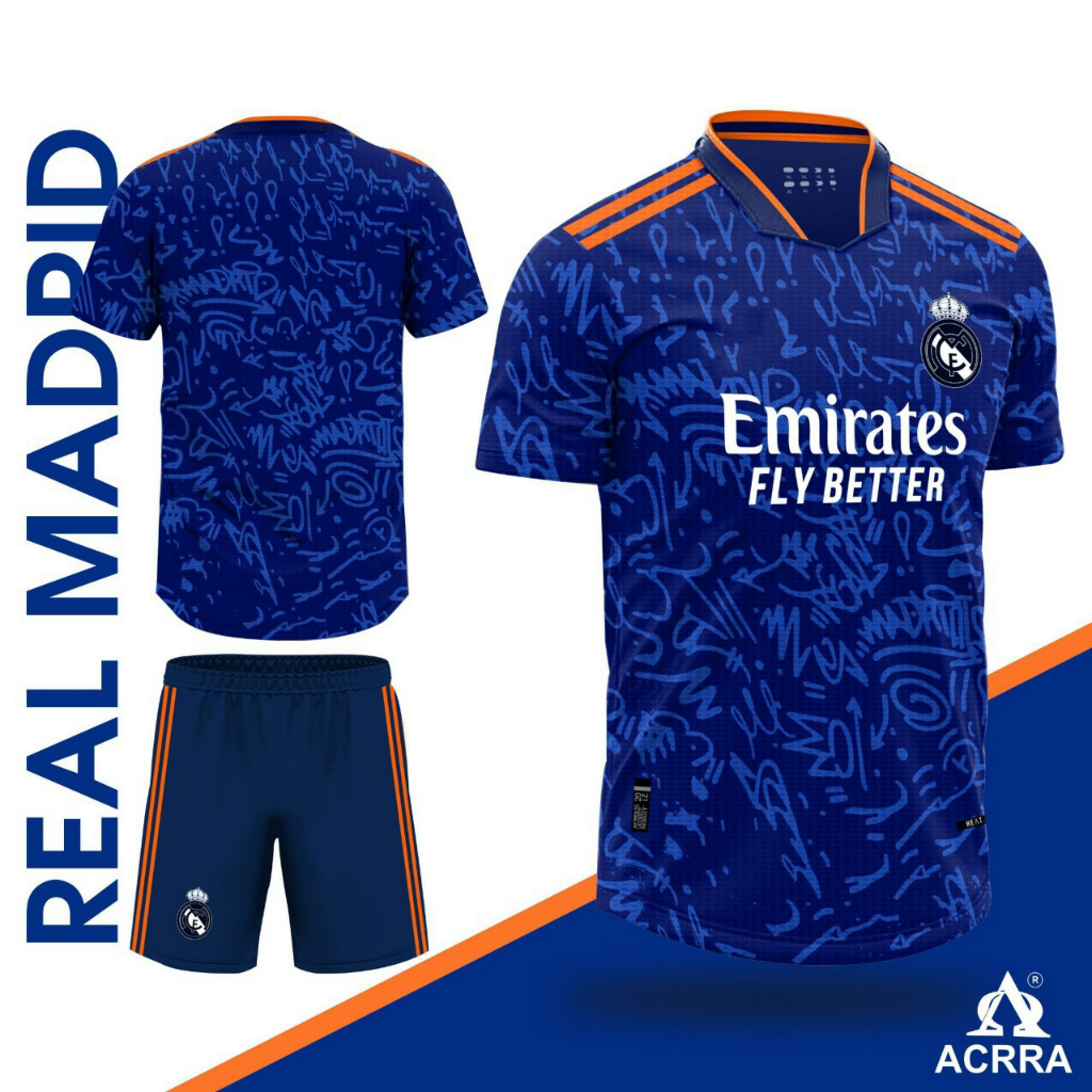 Bộ quần áo đá banh câu lạc bộ bóng đá real madrid clb RM màu xanh vằn cổ tròn logo thêu gai thái
