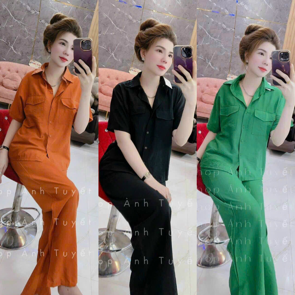 Set bộ đũi xước áo cổ sơ mi họa tiết túi mix quần ống suông thiết kế đơn giản, thanh lịch cho các nàng đi chơi, đi dạo