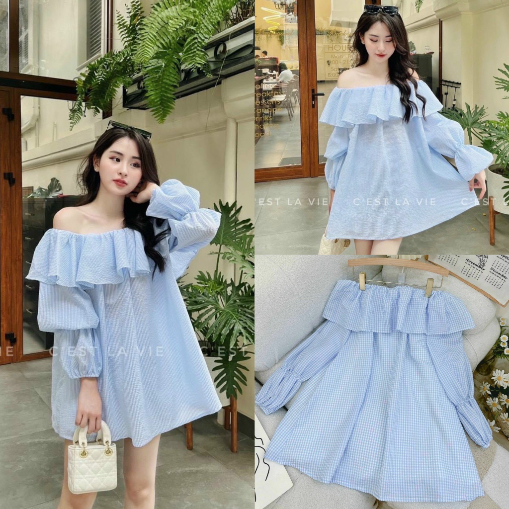 Đầm babydoll kate lụa kẻ caro trễ vai họa tiết ống tay dài xếp bèo cùng tone xanh nhẹ nhàng dễ thương đi chơi, đi biển
