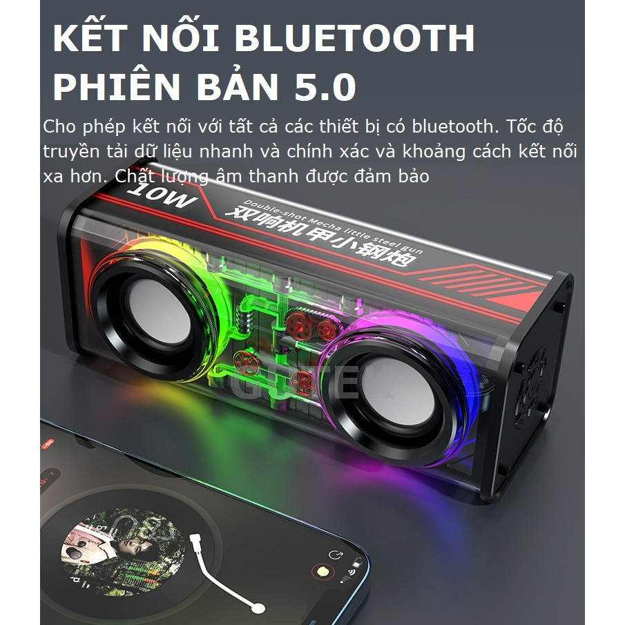 Loa bluetooth bass mạnh Gutek V8 nghe nhạc không dây vỏ trong suốt kết nối tws 2 loa hỗ trợ usb thẻ nhớ tf