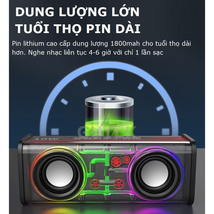 Loa bluetooth bass mạnh Gutek V8 nghe nhạc không dây vỏ trong suốt kết nối tws 2 loa hỗ trợ usb thẻ nhớ tf