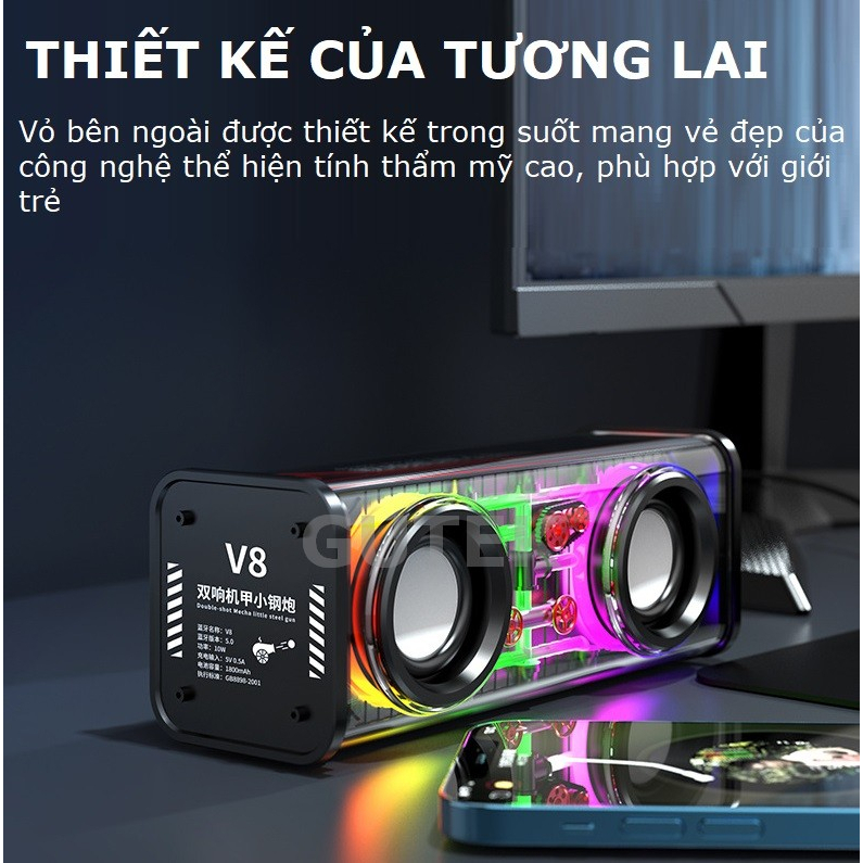 Loa bluetooth bass mạnh Gutek V8 nghe nhạc không dây vỏ trong suốt kết nối tws 2 loa hỗ trợ usb thẻ nhớ tf