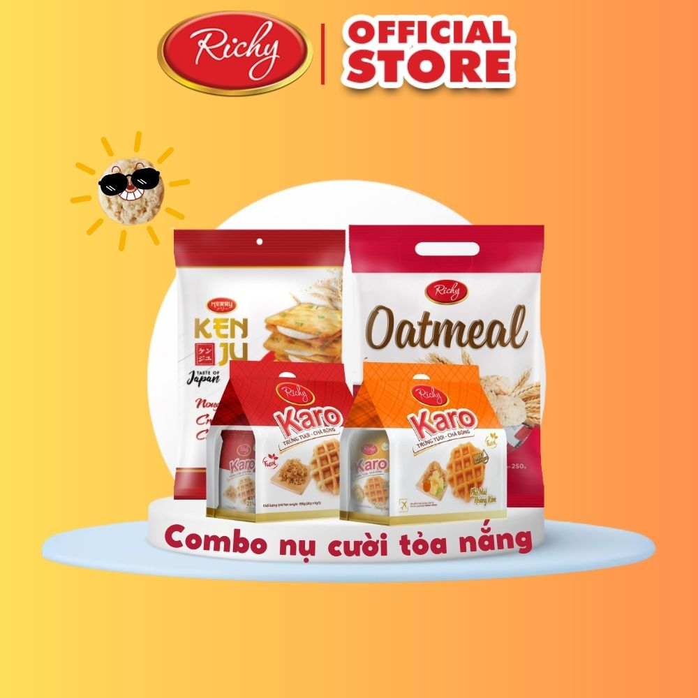 Combo Nụ Cười Tỏa Nắng: Bánh yến mạch Oatmeal vị sữa 250g quy kem dẻo Kenju 186g Karo 2 vị