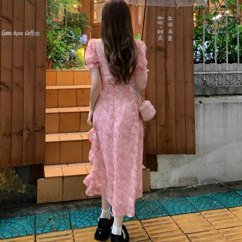 Đầm váy nữ maxi tay phồng dáng dài xẻ tà chạy viền bèo thời trang nữ stclothing