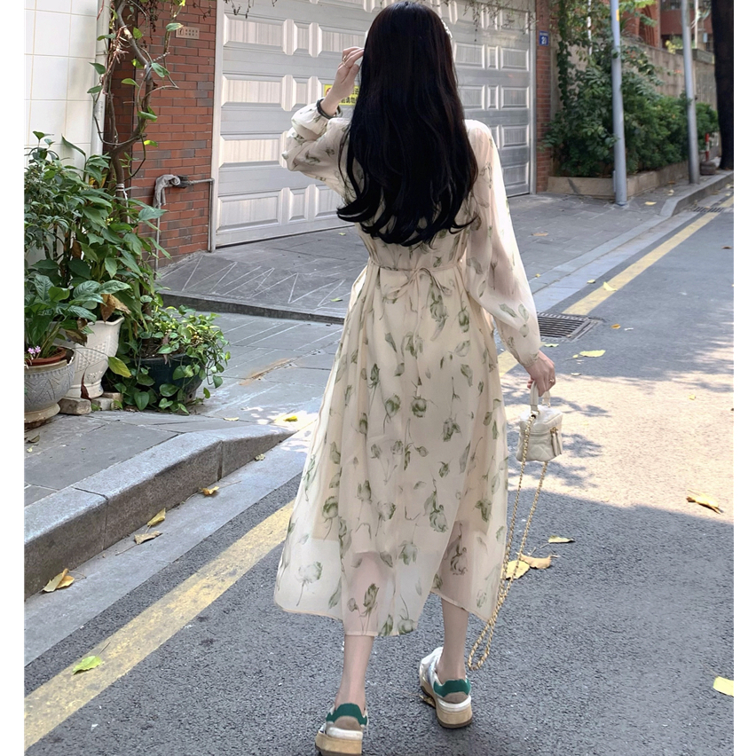 Đầm maxi dài tay cổ V hoa nhí, váy maxi nữ dáng dài thời trang mùa xuân Hàn Quốc 1051