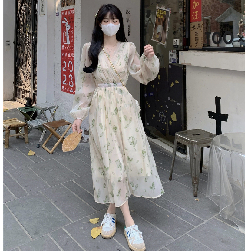 Đầm maxi dài tay cổ V hoa nhí, váy maxi nữ dáng dài thời trang mùa xuân Hàn Quốc 1051