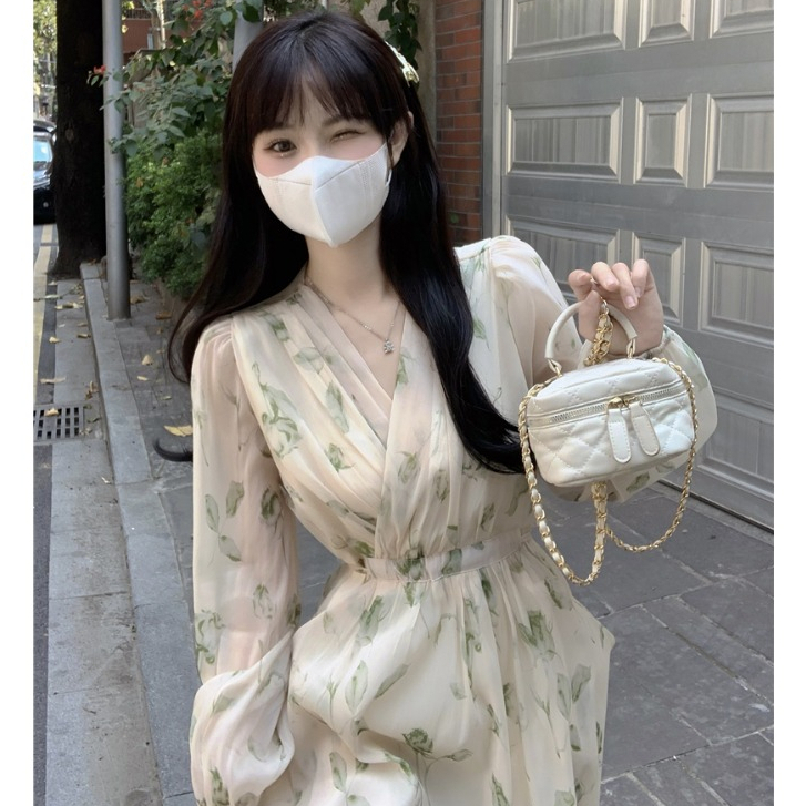 Đầm maxi dài tay cổ V hoa nhí, váy maxi nữ dáng dài thời trang mùa xuân Hàn Quốc 1051