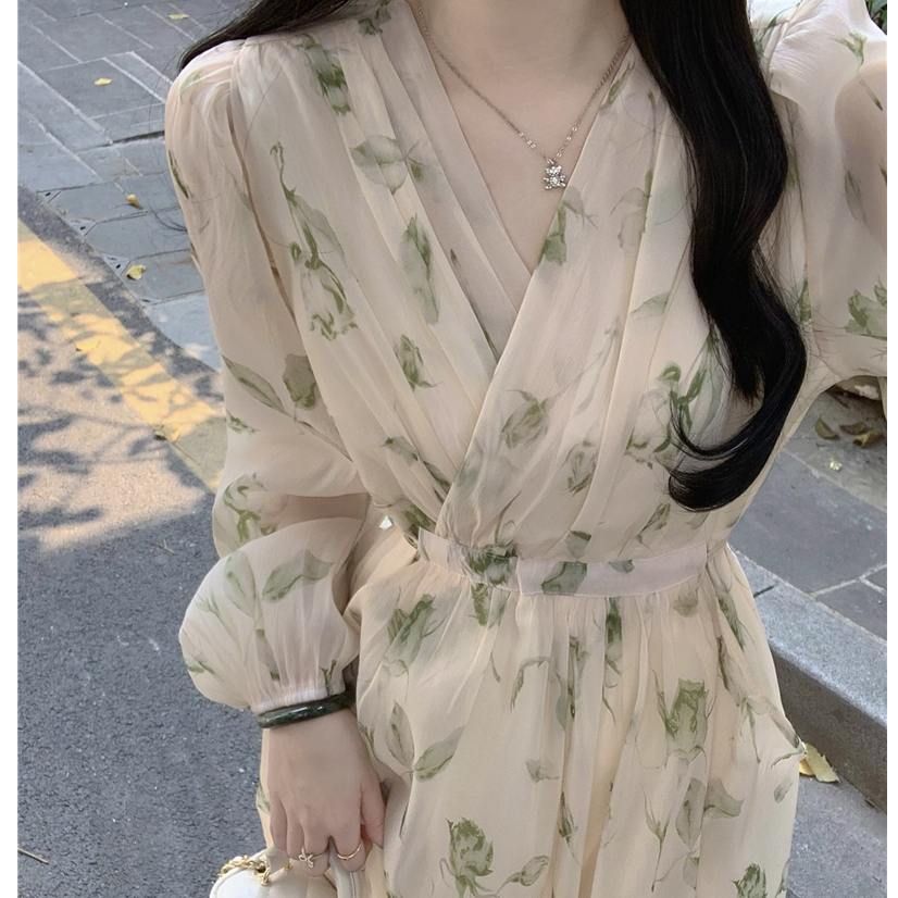 Đầm maxi dài tay cổ V hoa nhí, váy maxi nữ dáng dài thời trang mùa xuân Hàn Quốc 1051