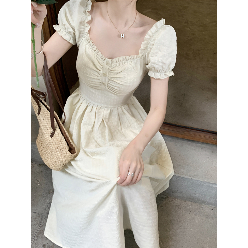 Đầm maxi tay ngắn phồng cổ vuông, váy maxi nữ dáng dài eo cao thời trang retro phong cách Pháp 1223