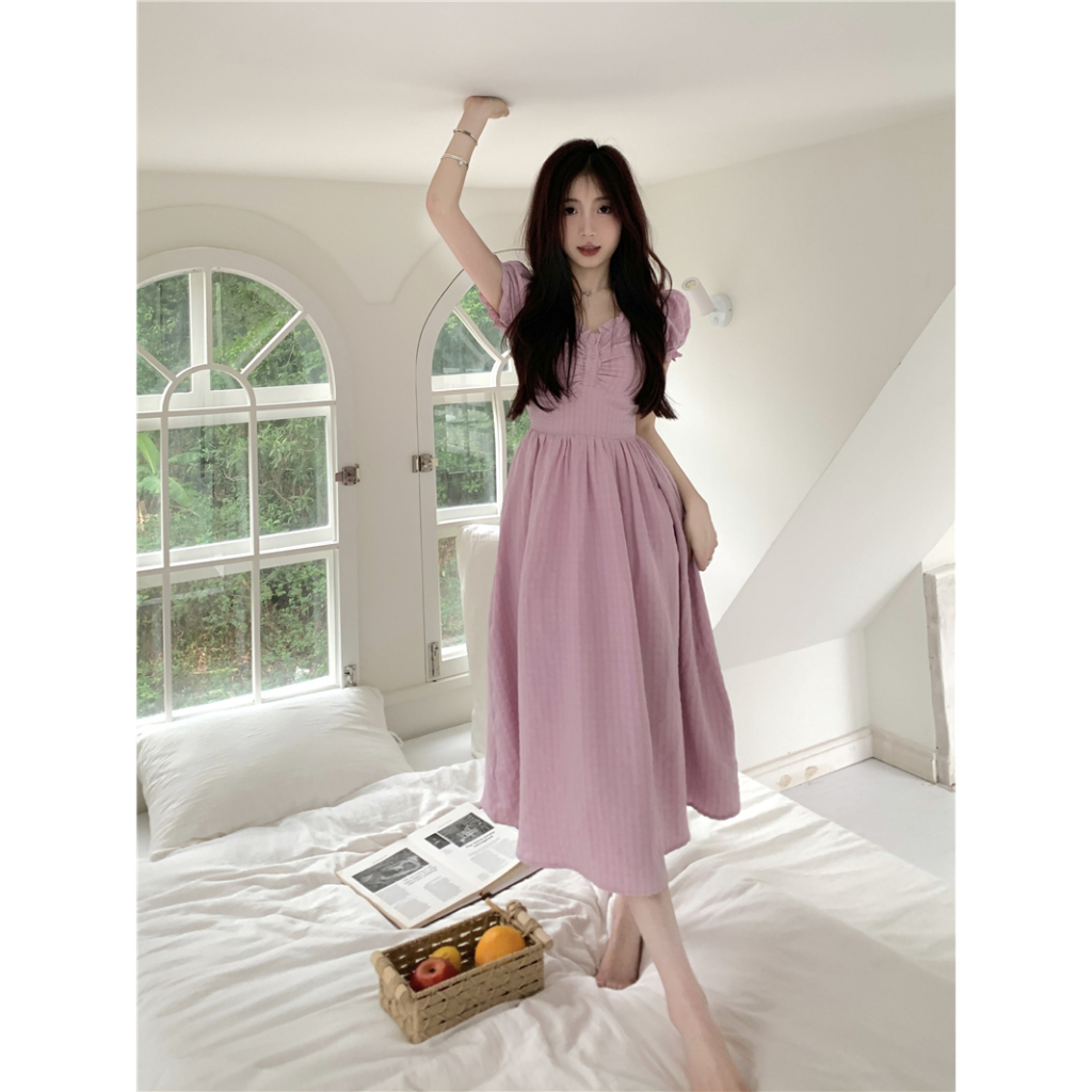 Đầm maxi tay ngắn phồng cổ vuông, váy maxi nữ dáng dài eo cao thời trang retro phong cách Pháp 1223