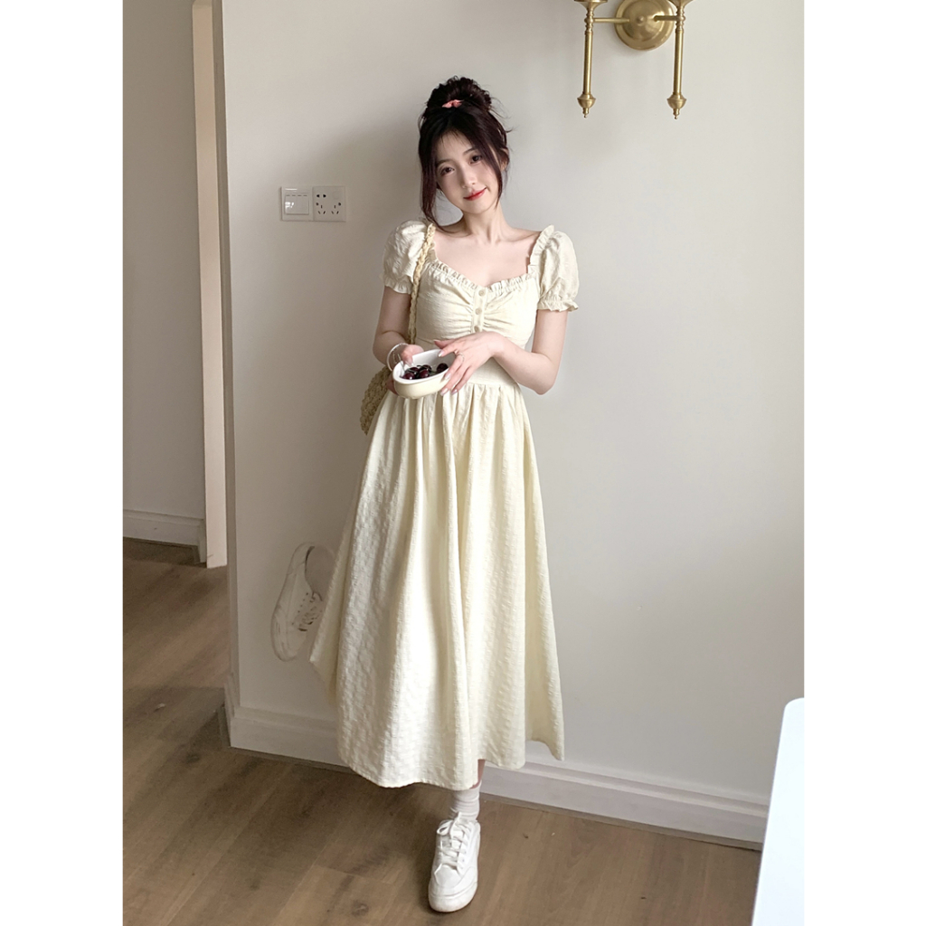 Đầm maxi tay ngắn phồng cổ vuông, váy maxi nữ dáng dài eo cao thời trang retro phong cách Pháp 1223