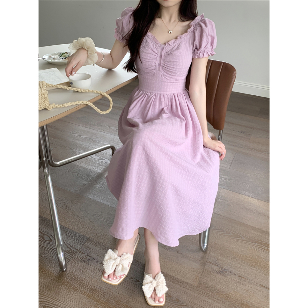 Đầm maxi tay ngắn phồng cổ vuông, váy maxi nữ dáng dài eo cao thời trang retro phong cách Pháp 1223