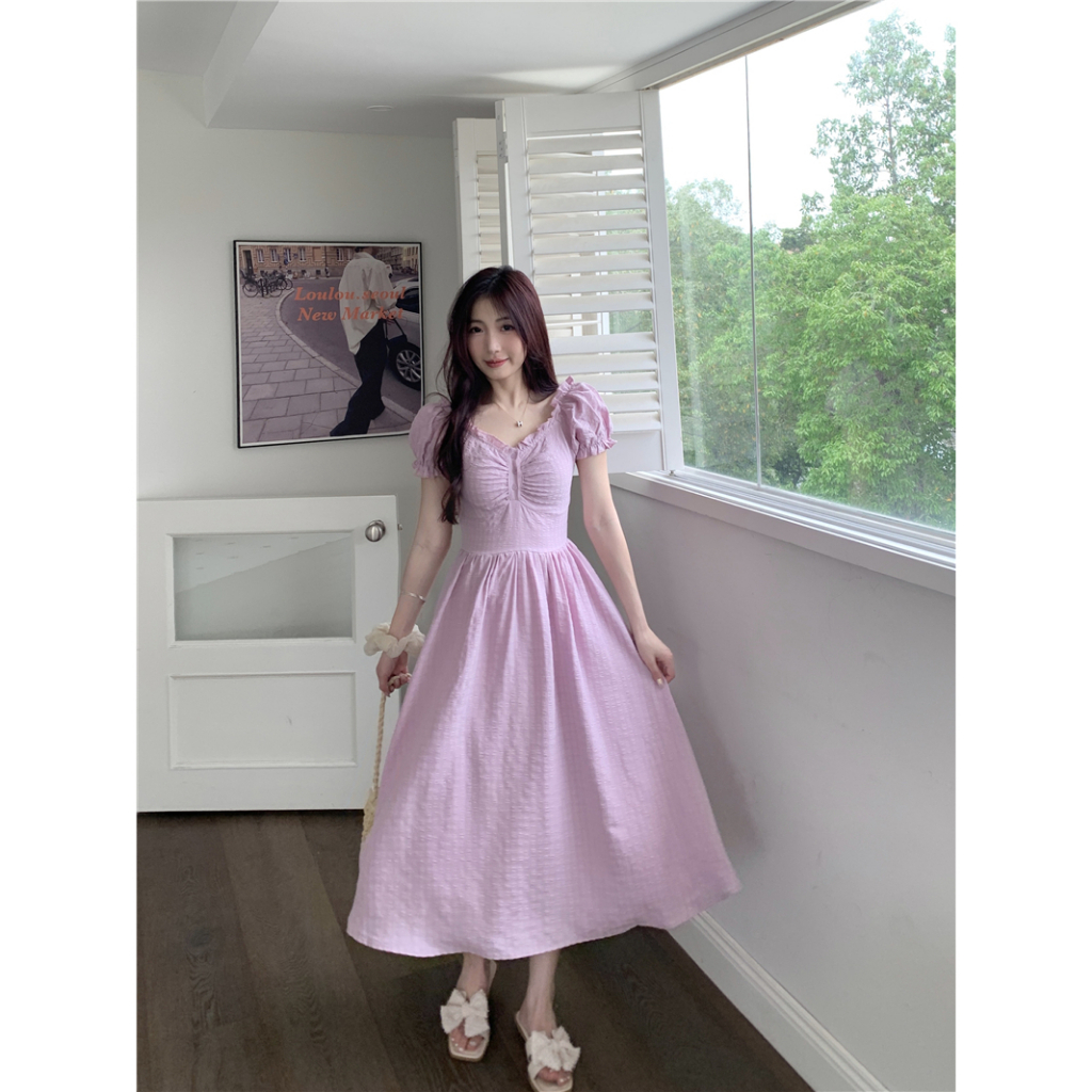 Đầm maxi tay ngắn phồng cổ vuông, váy maxi nữ dáng dài eo cao thời trang retro phong cách Pháp 1223