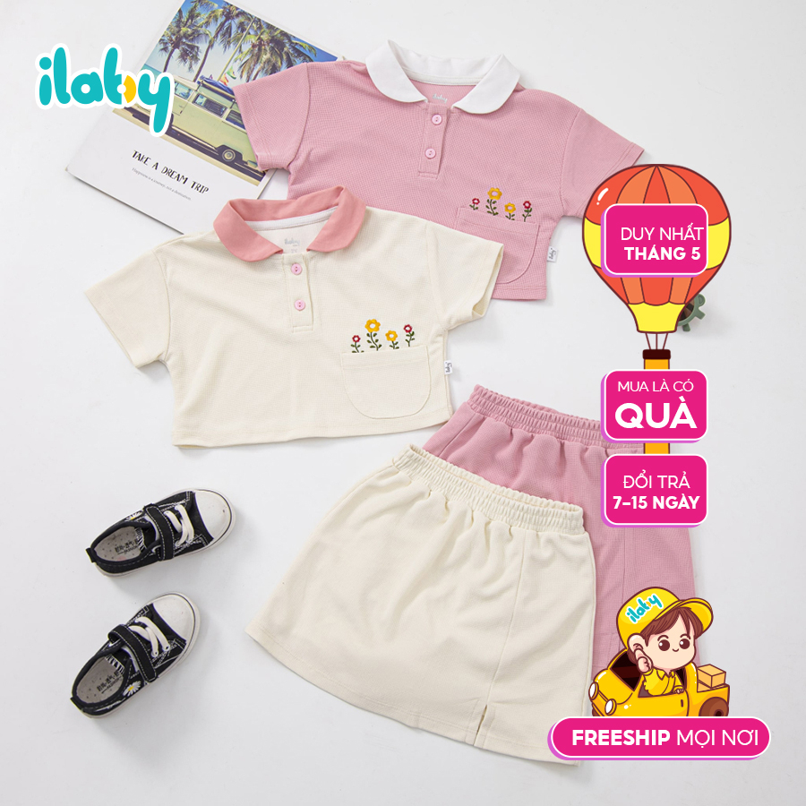 Set Polo bé gái ILABY áo crotop phối cổ kèm chân váy xẻ có lót chất liệu tổ ong co dãn thấm hút mồ hôi [50IG1492C3DL]