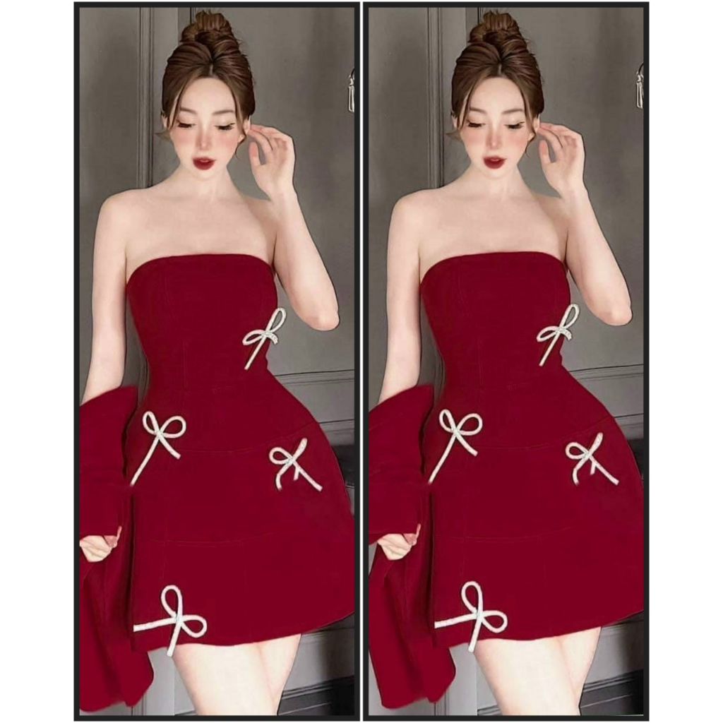 Đầm váy cúp ngực dắng ngắn mix áo khoác ngoài đính nơ váy xinh xắn tone màu đỏ nổi bật tiểu thư sang chảnh các nàng thơ