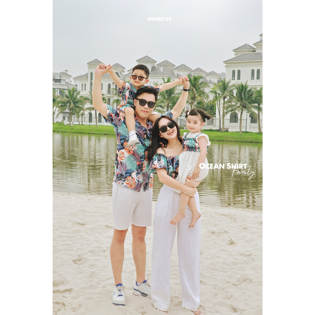 Set áo và váy cho cả gia đình mùa hè mát mẻ và năng động chất liệu đũi nhật - Ocean Shirt Tropical by minibe