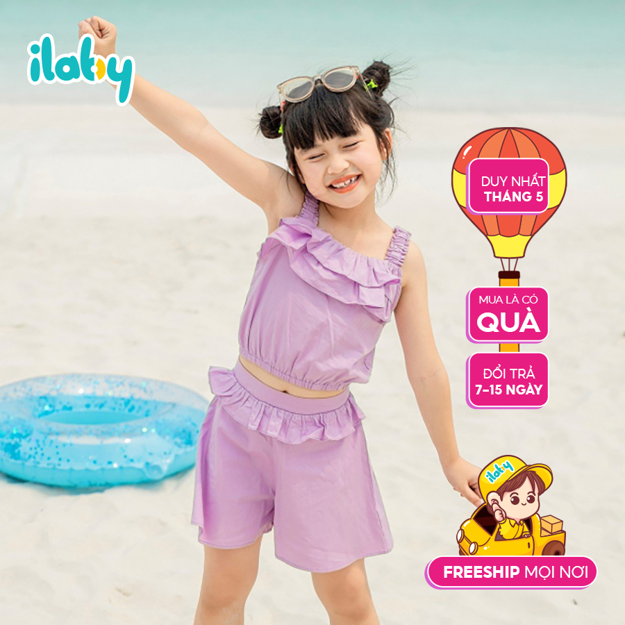 Set áo hai tầng bé gái ILABY bèo ngực chất liệu thô giấy mềm mại thấm hút mồ hôi cho bé 2-11 tuổi [52IG1643C3FT]