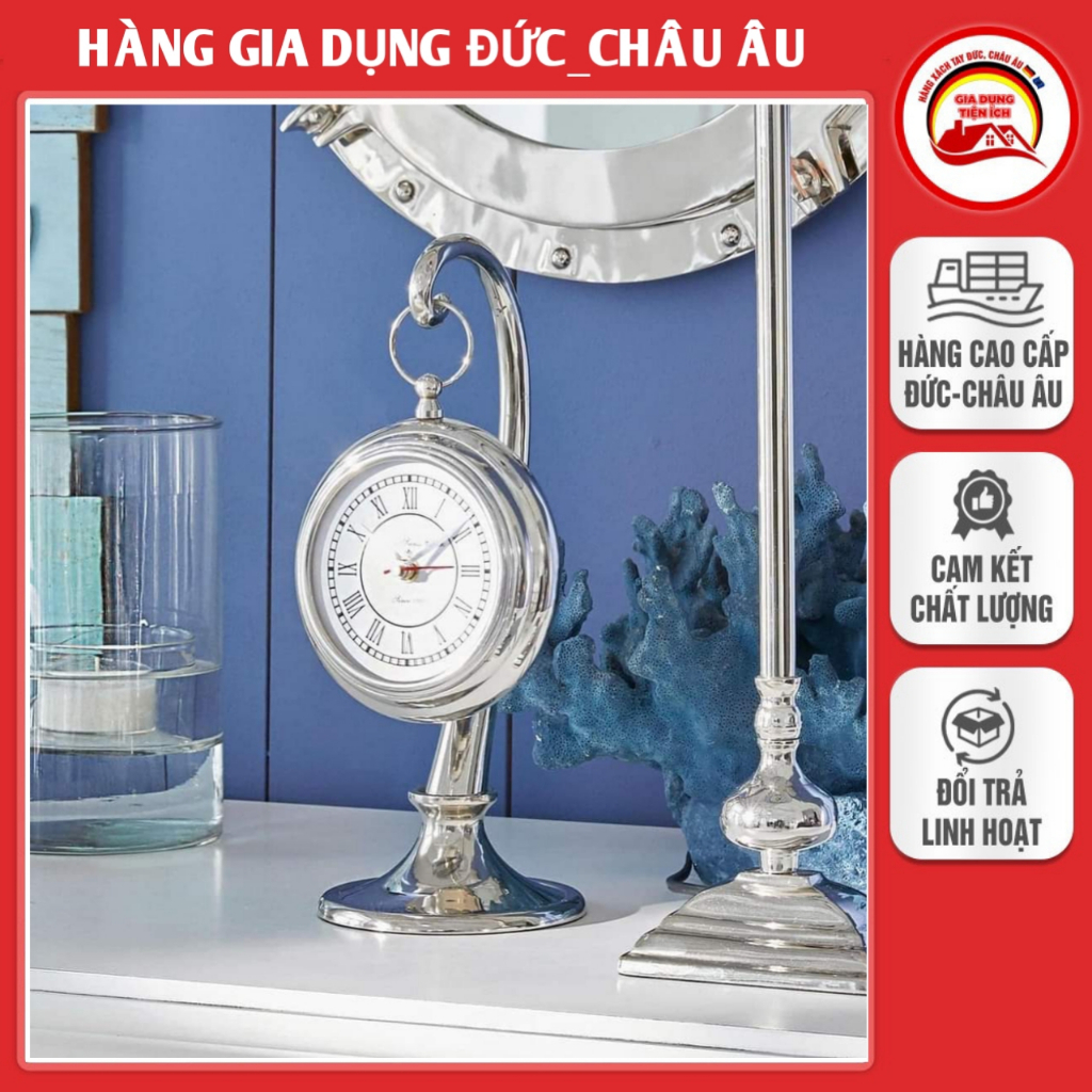 Đồng hồ để bàn giả cổ Loberon, sử dụng Pin, cao 29cm, Size 13.5cm, nhôm mạ bạc - nhập Đức