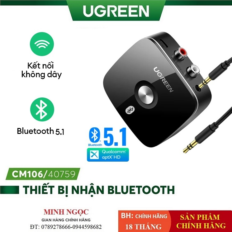 Bộ thu Bluetooth 5.1 cho loa, amly hỗ trợ cổng 3.5mm + RCA chính hãng Ugreen 40759 cao cấp