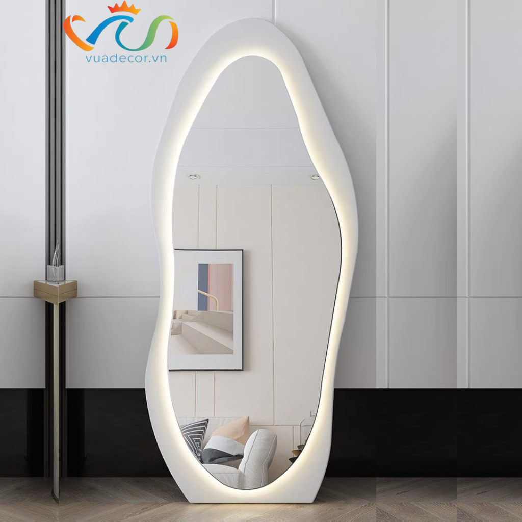 Gương toàn thân hình hạt đậu ốp gỗ VUADECOR có đèn led cảm ứng cao cấp decor phòng ngủ, phòng khách, shop thời trang