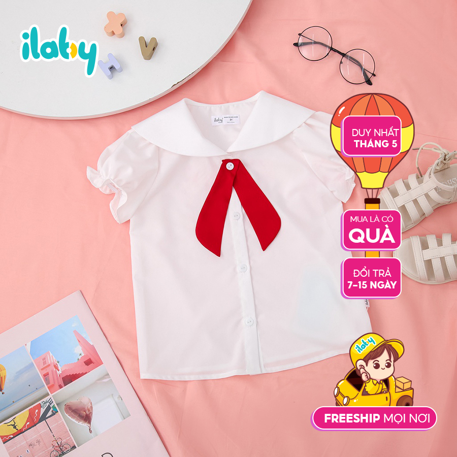 Áo sơ mi bé gái ILABY cổ thuỷ thủ gắn nơ cổ chất liệu thô cotton [22IG1687C3SC]