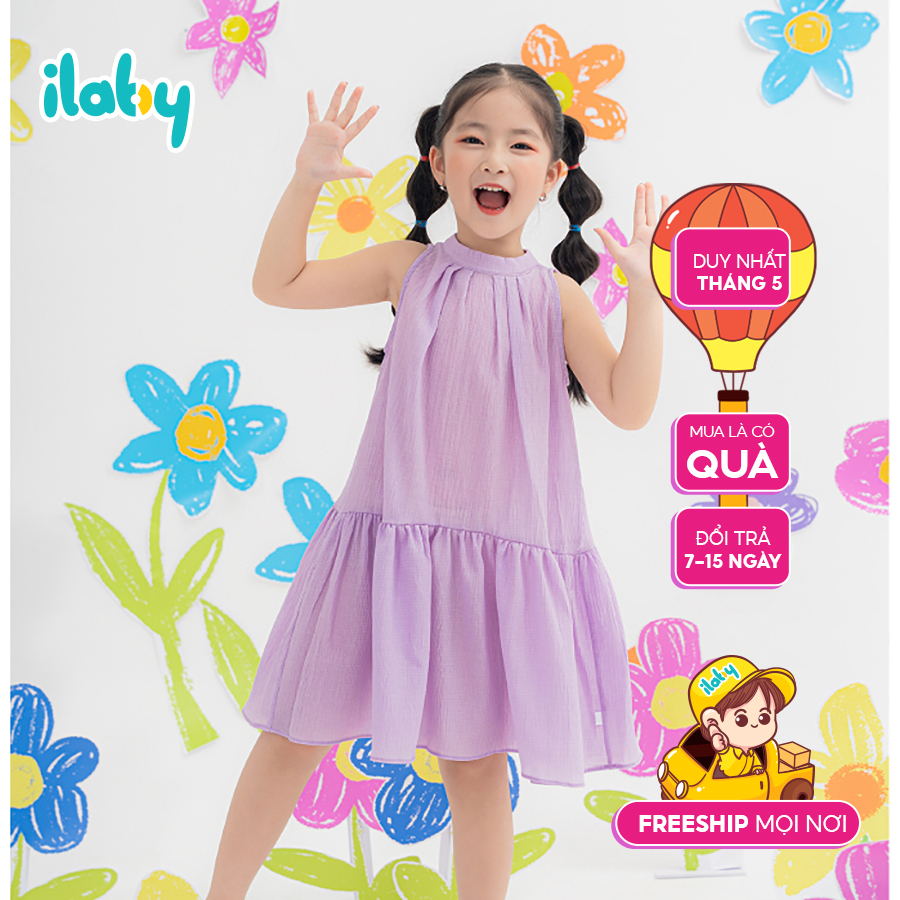 Váy cổ yếm bé gái ILABY gập ly trước chất liệu đũi cotton [10IG1498A3DL]