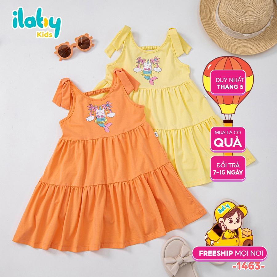 Váy hai dây nơ vai bé gái ILABY cutout lưng chất liệu thun cotton thoáng mát [11IG1463C3DL]