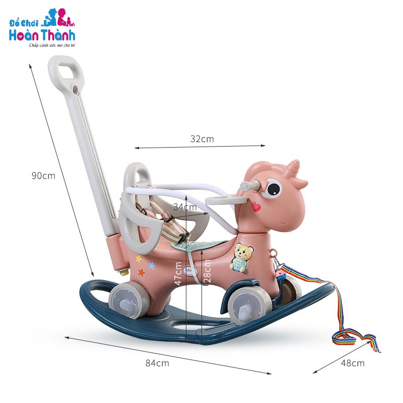 Ngựa bập bênh cho bé đa chức năng 3 in 1 , tay đẩy có thể điều chỉnh hướng phù hợp trẻ em 2 - 6 tuổi