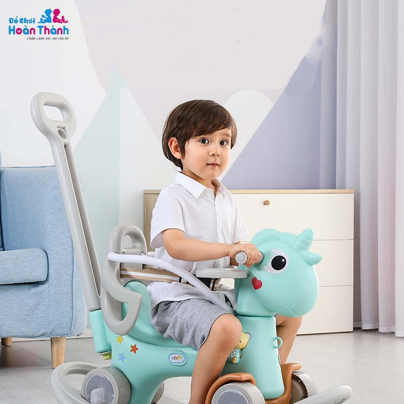 Ngựa bập bênh cho bé đa chức năng 3 in 1 , tay đẩy có thể điều chỉnh hướng phù hợp trẻ em 2 - 6 tuổi