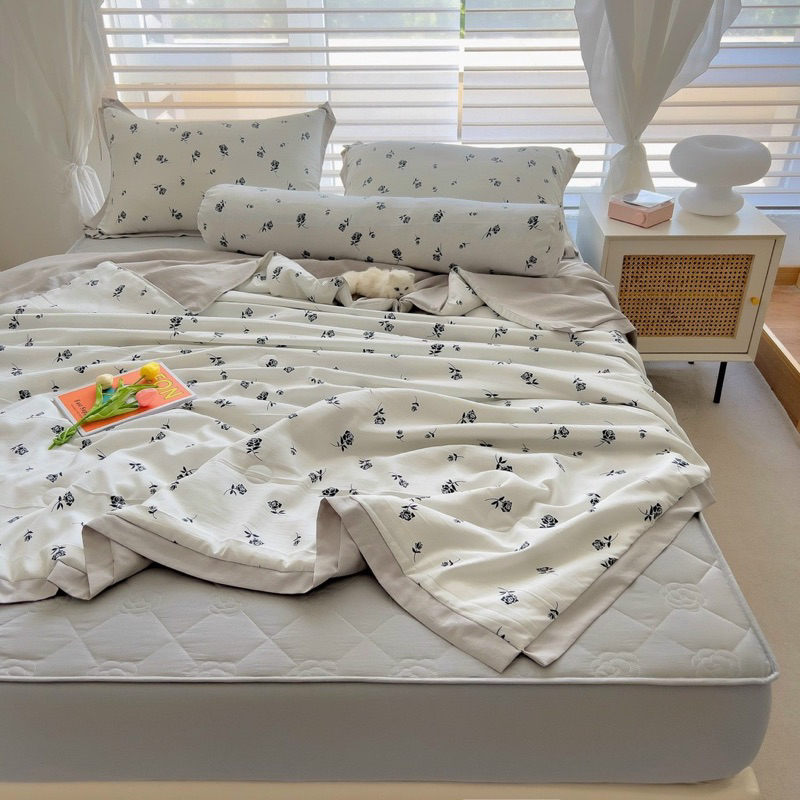 Set chăn ga 5 món cotton đũi ga trần bông hoạ tiết hoa nhí vitage
