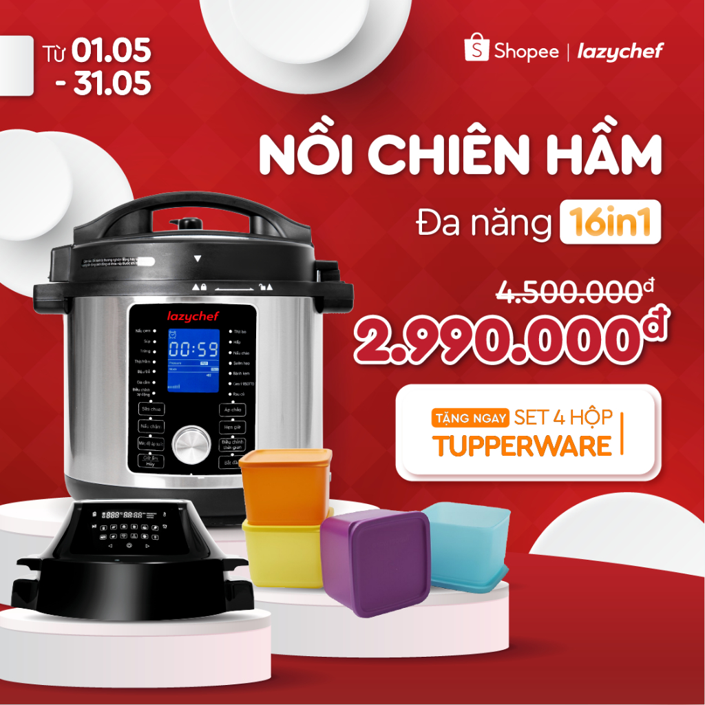 Nồi Chiên Hầm Đa Năng 16IN1 LazyChef - Nồi Chiên Không Dầu Kết Hợp Nồi Áp Suất Cao Cấp, Dung Tích Lớn 5.6L