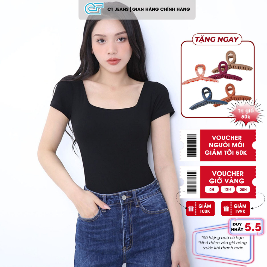 Áo Pull Nữ Cổ Vuông Vải Gân Lạnh Co Giãn, CT Jeans