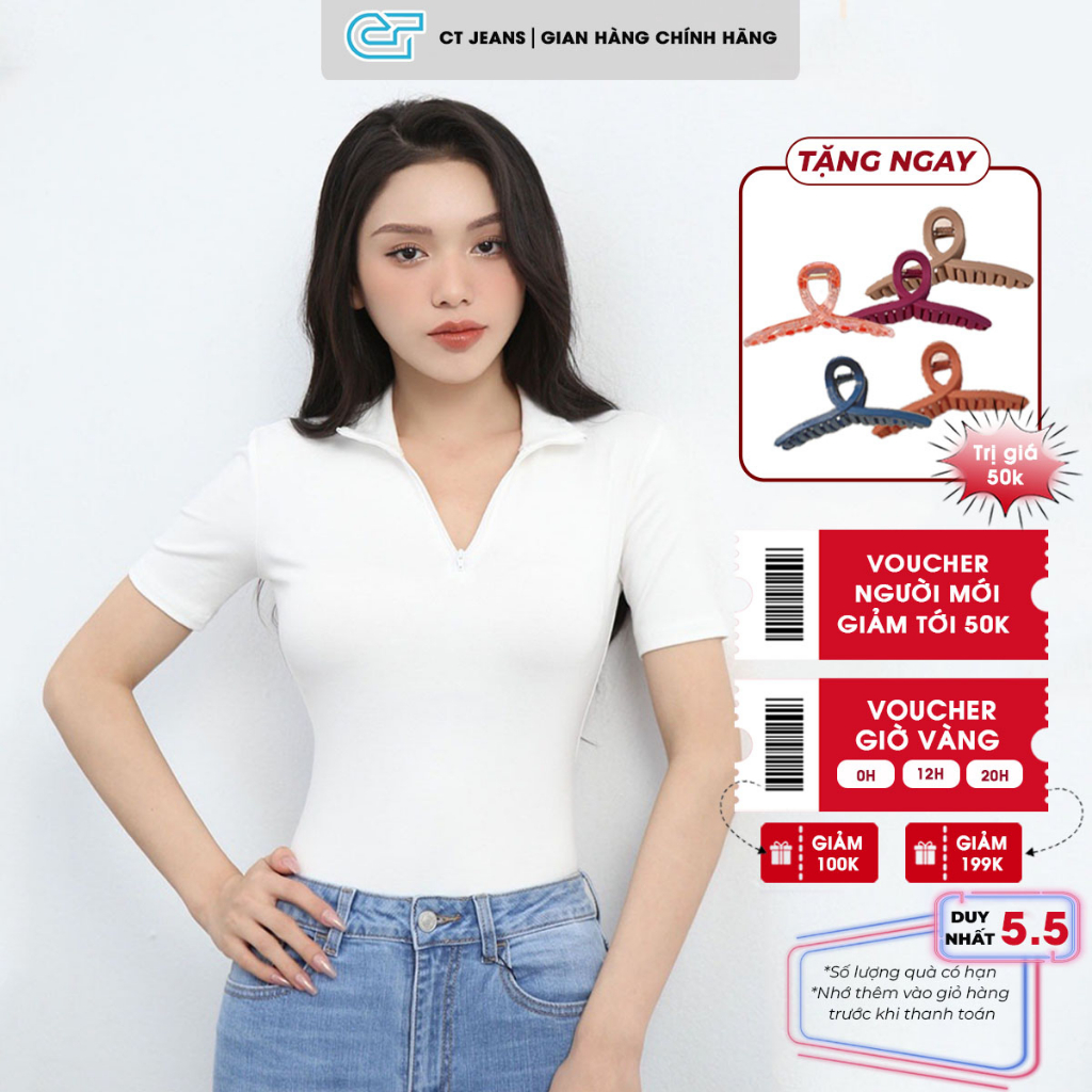Áo thun tay ngắn nữ kiểu polo dáng ôm chất cotton zip co giãn phối khóa kéo sexy, CT JEANS