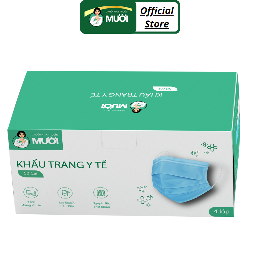 Khẩu trang Nhà Thuốc Mười - Khẩu trang y tế 4 lớp kháng khuẩn đạt chuẩn ISO 13485:2016 - Hộp 50 cái