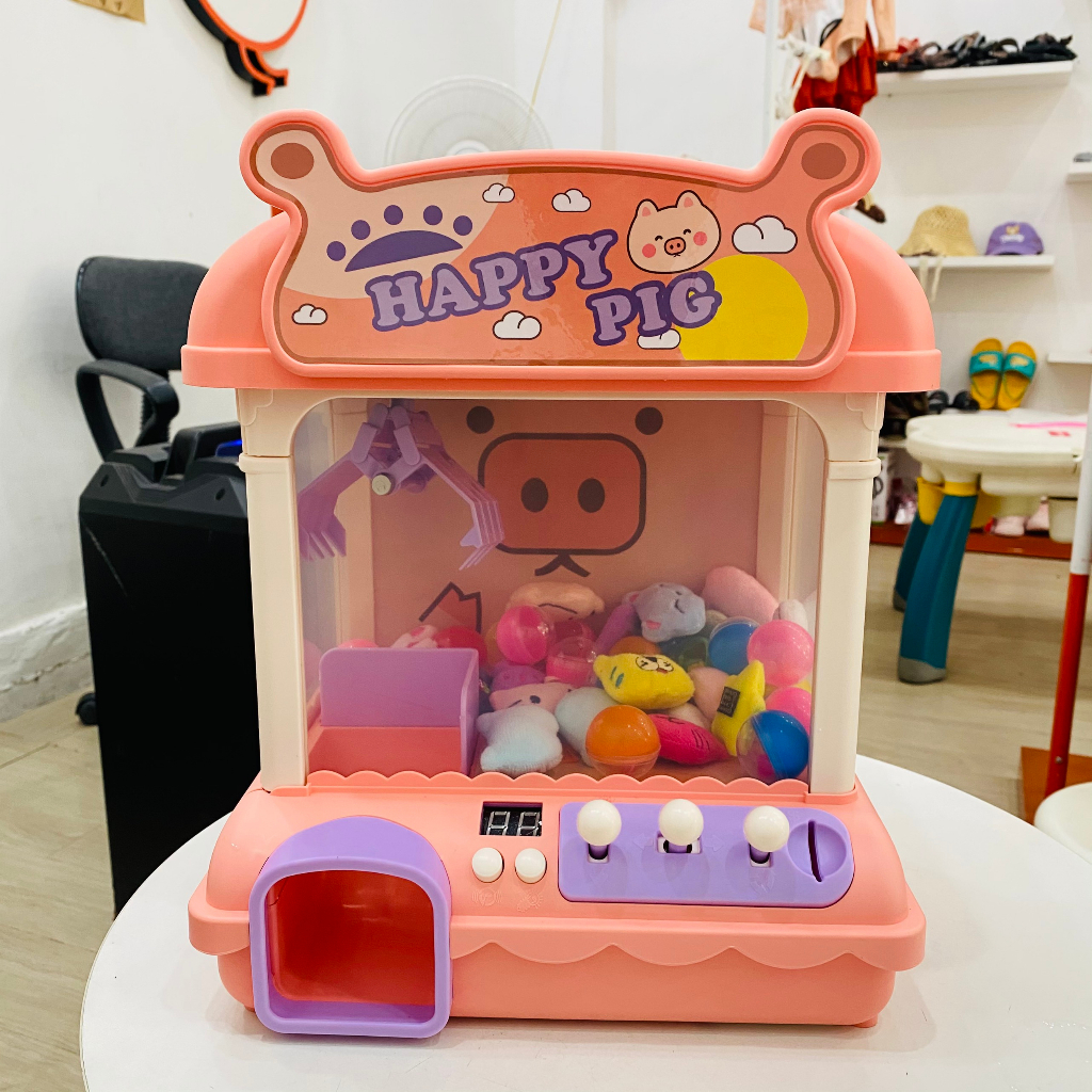 Máy gắp thú bông cho bé cỡ lớn tặng 20 gấu bông , 20 bóng, 20 xu đếm thời gian có hiệu ứng đèn nhạc kèm sạc cho trẻ em