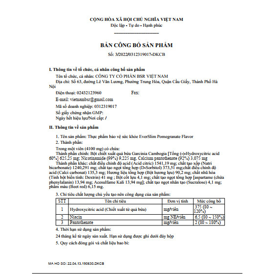 Viên Sủi Hỗ Trợ Giảm Cân Vị Lựu EverSlim Pomegranate Flavor 73,8Gr