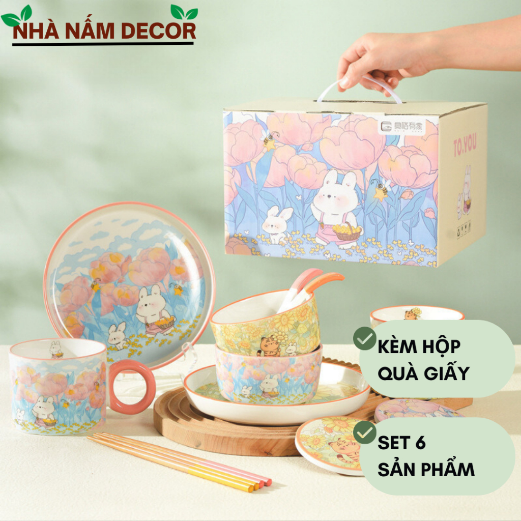 Set bát đĩa sứ quà tặng dễ thương 6 sản phẩm