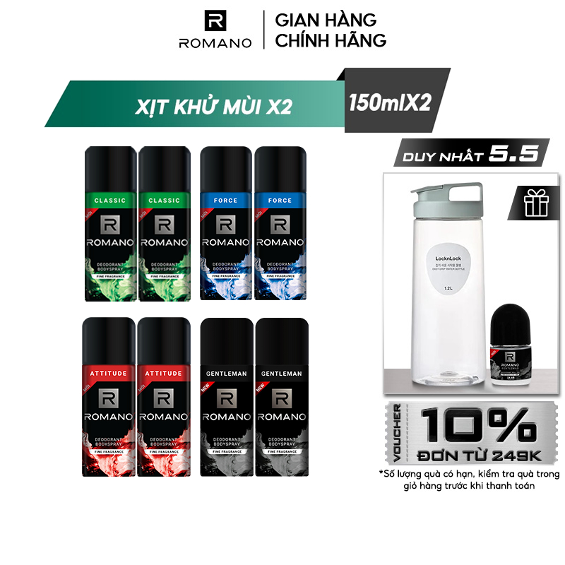 Combo 2 Xịt toàn thân ngăn mồ hôi và mùi cơ thể Romano Attitude/Gentleman/Force/Classic 150ml/chai - 4 Mùi Hương Có Sẵn