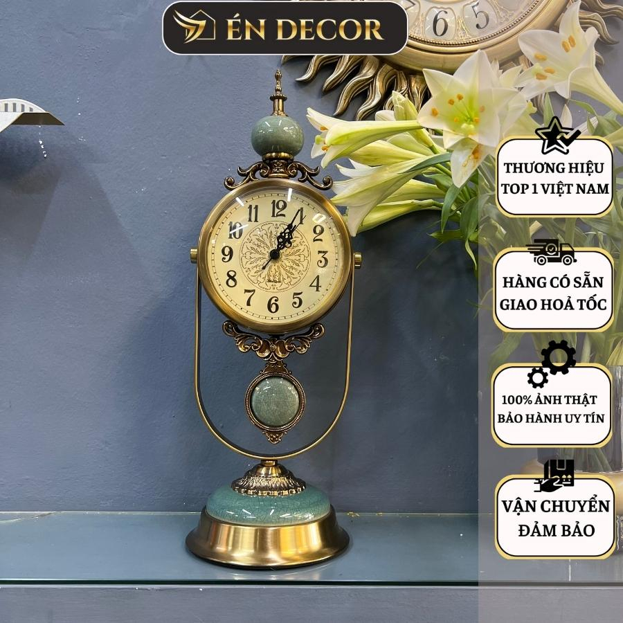 Đồng hồ quả lắc để bàn decor tân cổ điển ÉN DECOR mạ đồng trang trí nhà cửa,phòng khách, văn phòng