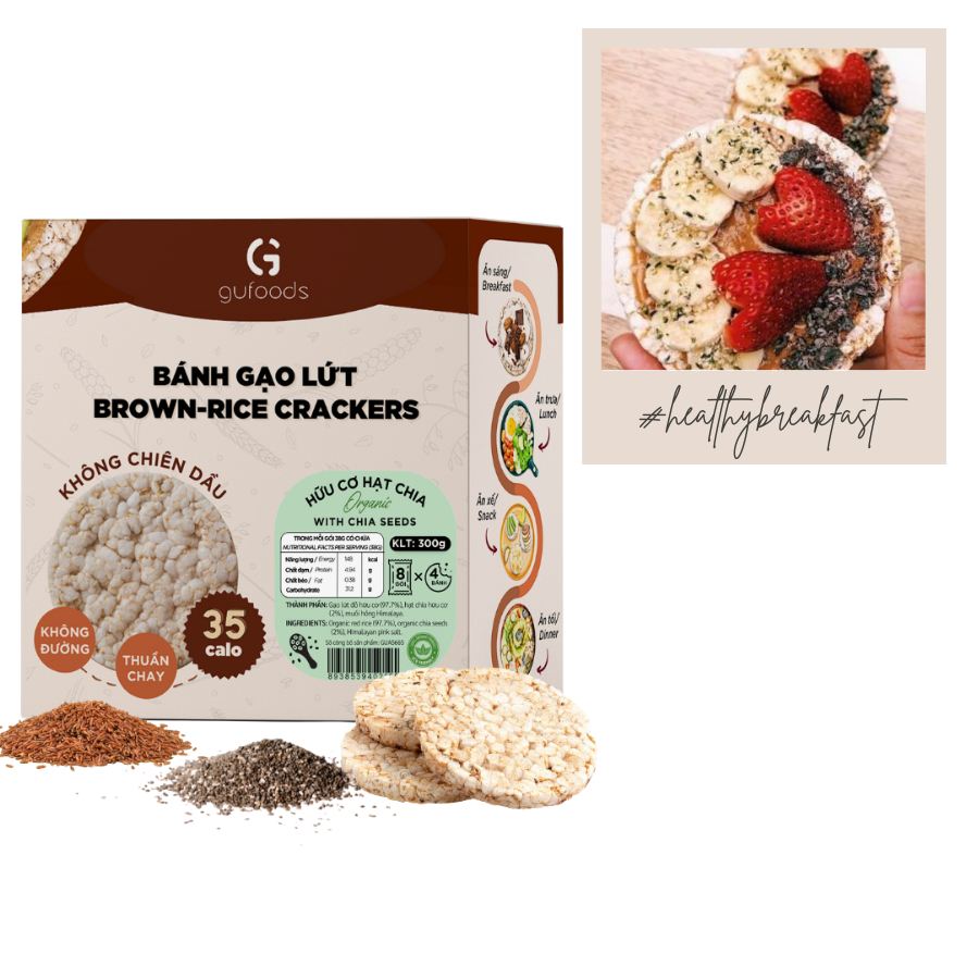 Bánh gạo lứt ăn kiêng GUfoods (Hộp 300g = 8 gói x 4 bánh) - Phù hợp Eat clean, Thực dưỡng, Tập Gym, Kiểm soát cân nặng