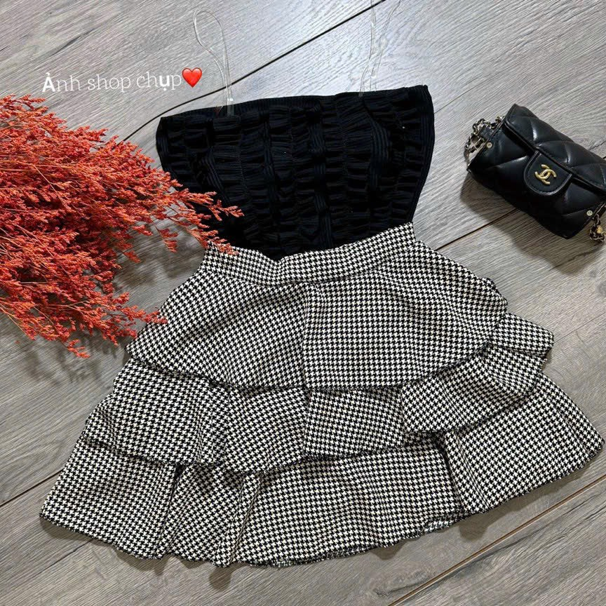 [5.5 Sales Freeship] Set áo nhún cúp ngực đen 2 dây mix chân váy ngắn xòe tầng chấm bi đi chơi dạo phố tôn dáng th