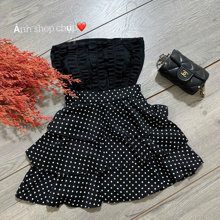 [5.5 Sales Freeship] Set áo nhún cúp ngực đen 2 dây mix chân váy ngắn xòe tầng chấm bi đi chơi dạo phố tôn dáng th