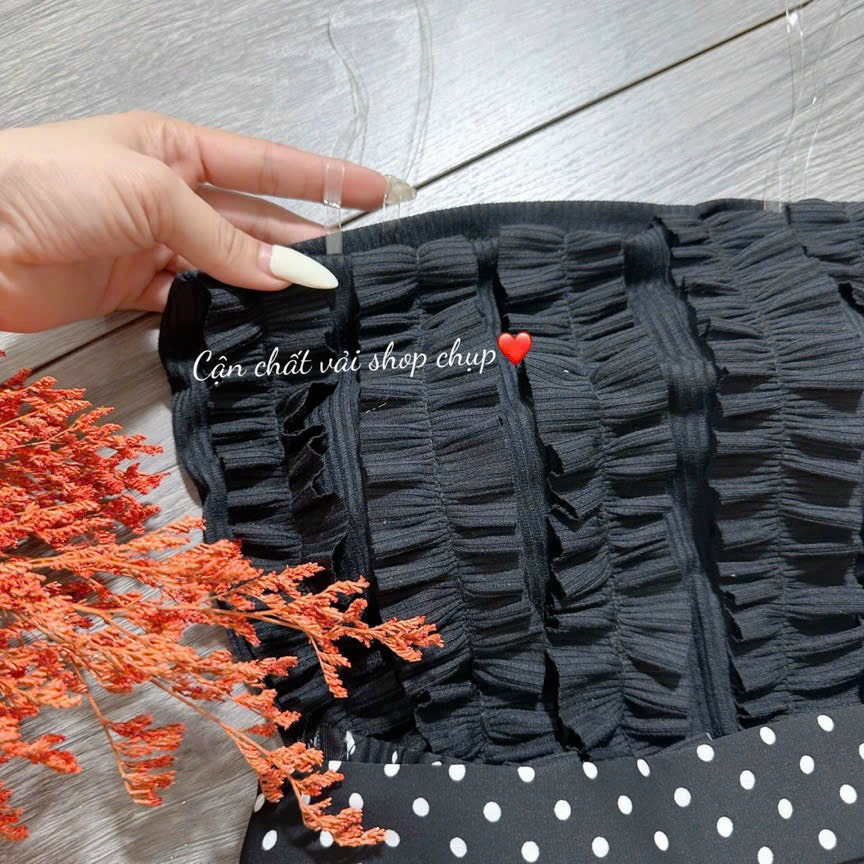 [5.5 Sales Freeship] Set áo nhún cúp ngực đen 2 dây mix chân váy ngắn xòe tầng chấm bi đi chơi dạo phố tôn dáng th
