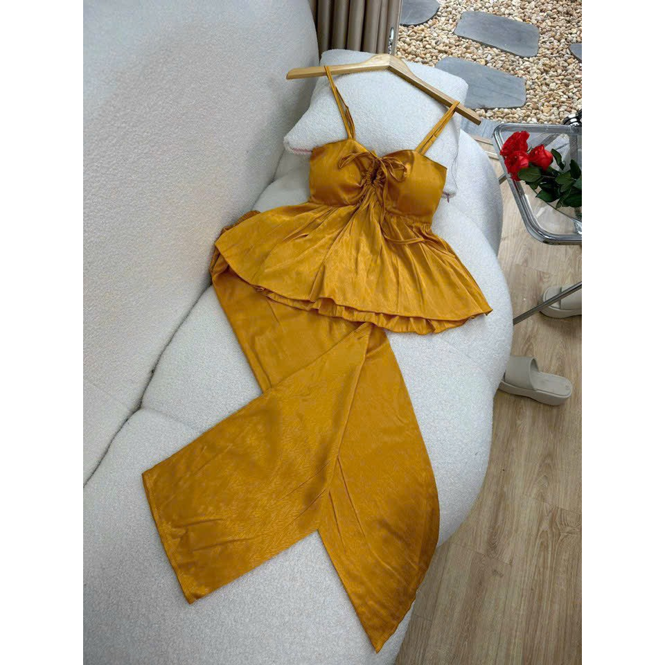 [5,5 Sales Freeship] Set bộ gấm xước, bộ ngủ quần dài, set áo 2 dây cột nơ ngực sexy quần dài ống rộng mát mẻ th