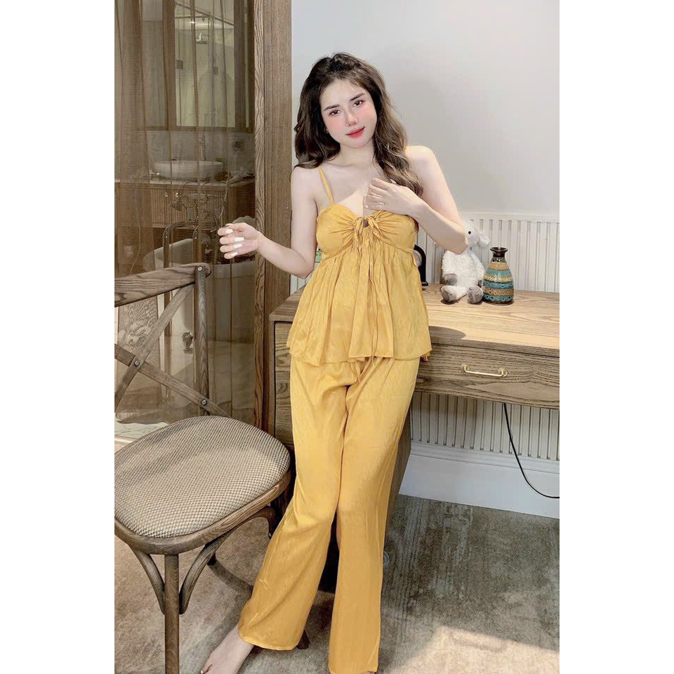 [5,5 Sales Freeship] Set bộ gấm xước, bộ ngủ quần dài, set áo 2 dây cột nơ ngực sexy quần dài ống rộng mát mẻ th