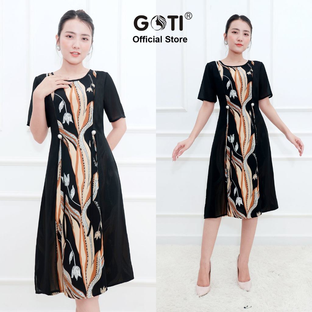 GOTI – Đầm Suông Trung Niên Dạo Phố Tay Ngắn Cách Điệu Lụa Cao Cấp Bigsize 46-73kg Cho Mẹ  3373 3364 3365