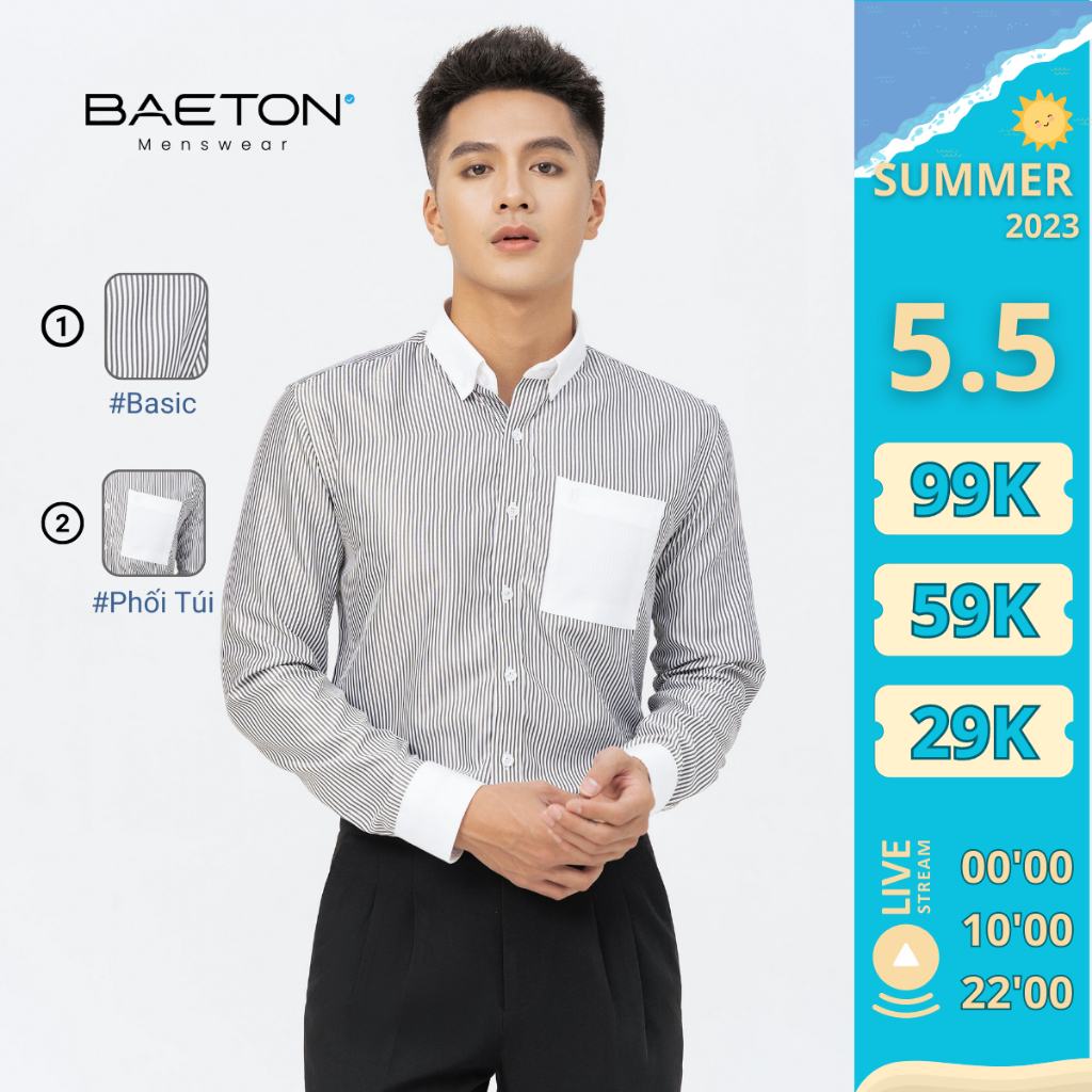 Sơ mi nam kẻ sọc phối tay Line K Hàn Quốc cao cấp lụa hàn lịch lãm thương hiệu BAETON - S02
