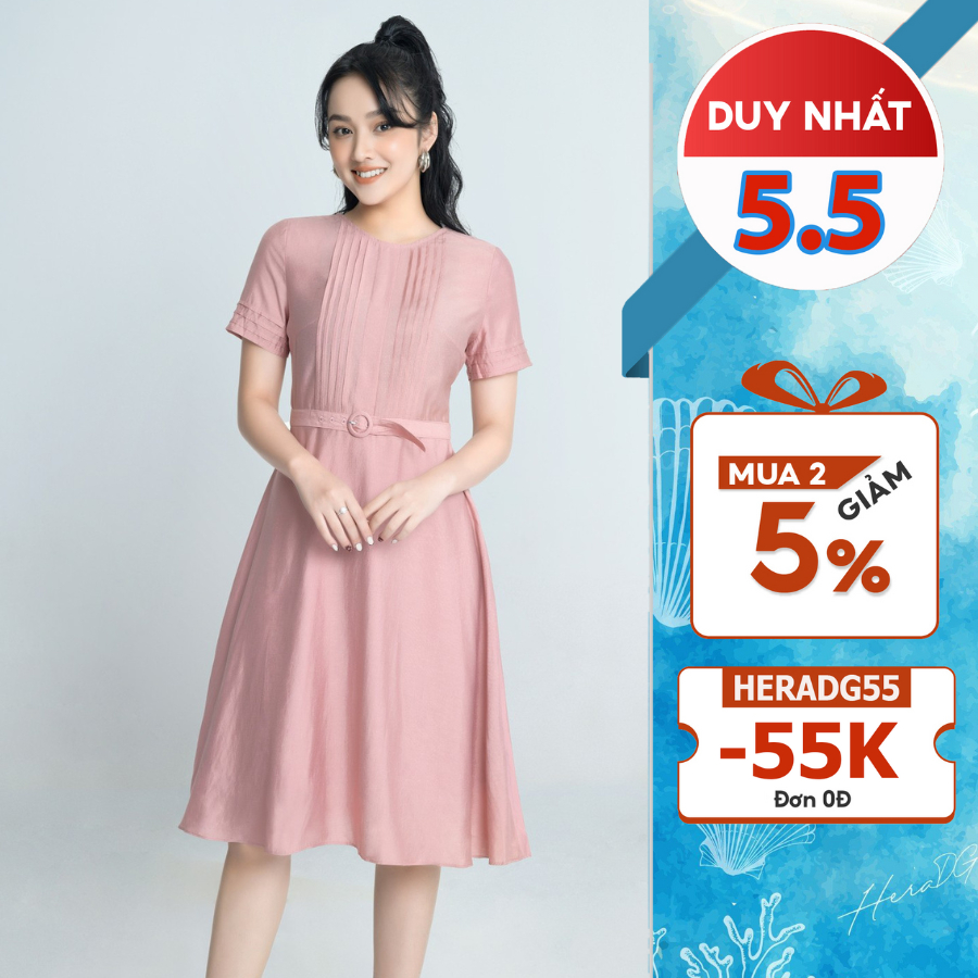 Đầm Thiết Kế Dáng Xòe Nữ HeraDG Cổ Tròn Và Ngực Xếp Ly, Chất Vải Tơ Hàn Mềm Nhẹ SDCBA040