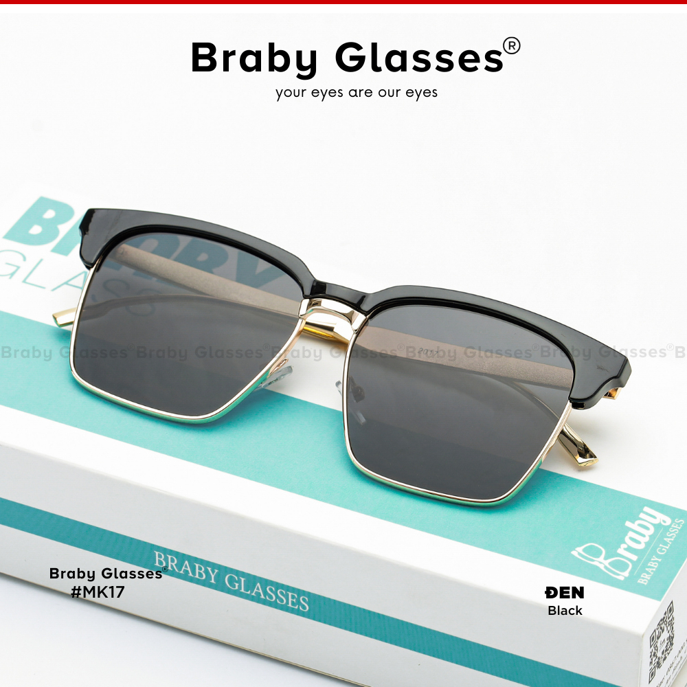Kính râm mát nam nữ mắt vuông thời trang Braby Glasses chống tia UV gọng kim loại thiết kế sang trọng KR01