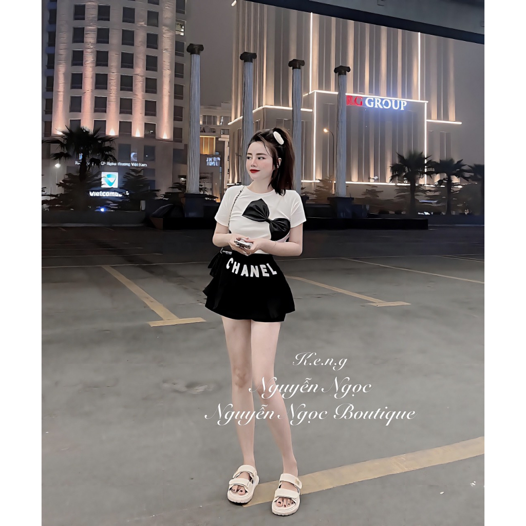 Set áo cottong đính nơ chân váy Chà Neo giả quần chất chéo hàn siêu xinhhh